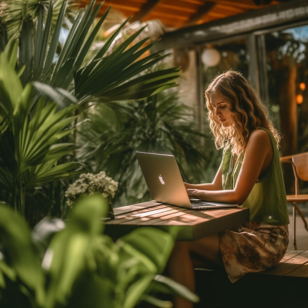 una mujer trabajando en una computadora portátil frente a una ventana con una palmera al fondo