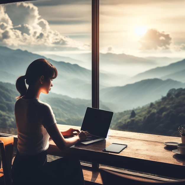 Mujer trabajando con una computadora portátil frente a la vista