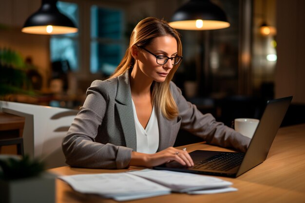 Foto mujer trabajando en una computadora portátil haciendo el concepto de asesor financiero