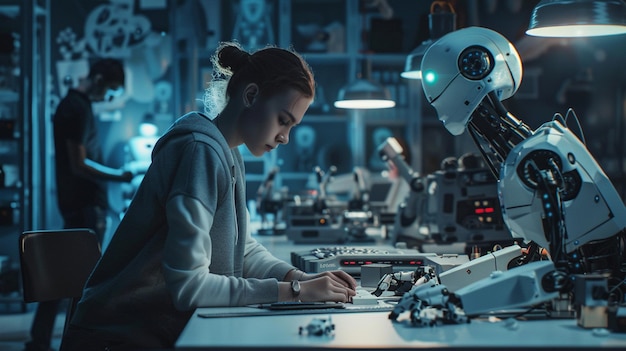 Mujer trabajando en una computadora portátil en una mesa Taller de robótica Innovación tecnológica