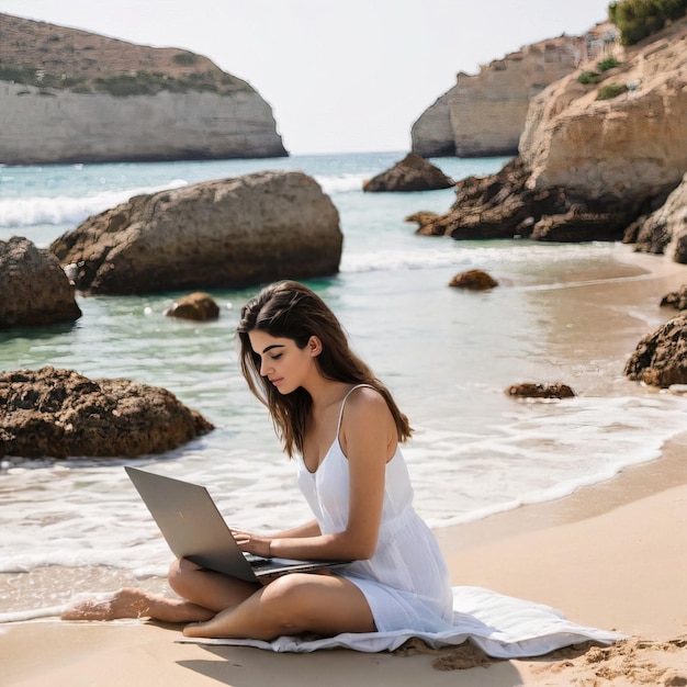 mujer trabajando en una computadora portátil en la playa