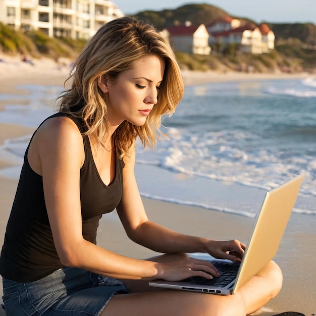 mujer trabajando en una computadora portátil en la playa