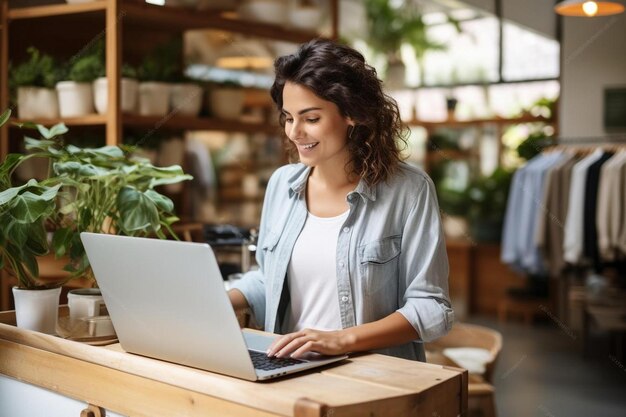 Foto una mujer trabajando en una computadora portátil en una tienda