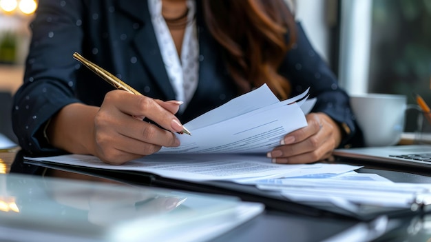 Mujer trabajando con documentos en la mesa en un primer plano de la oficina