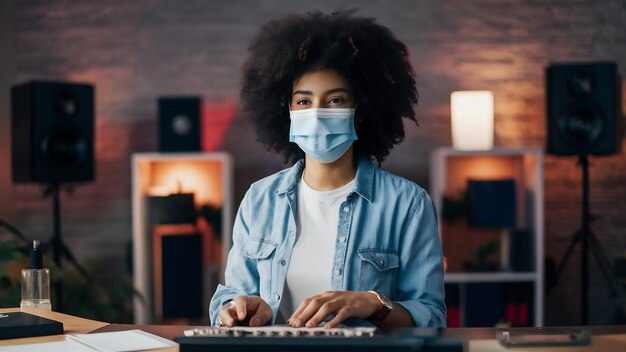 Foto mujer trabajando en un estudio de grabación y usando una máscara