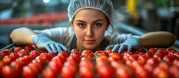Mujer trabajando en una fábrica inspeccionando tomates