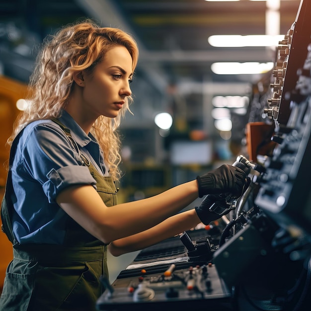 Mujer trabajando en una fábrica con maquinaria de producción pesada Concepto de inclusión de la mujer en el trabajo