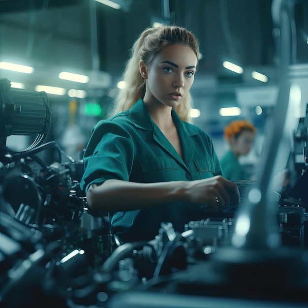 Mujer trabajando en una fábrica con maquinaria de producción pesada Concepto de inclusión de la mujer en el trabajo