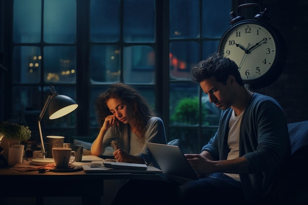 Mujer trabajando horas extras por la noche en el dormitorio de la casa