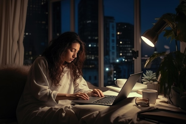 Mujer trabajando horas extras por la noche en el dormitorio de la casa