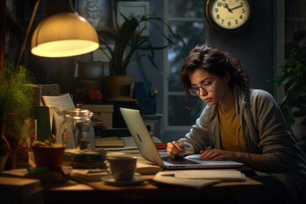 Mujer trabajando horas extras por la noche en el dormitorio de la casa