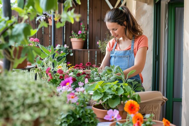 una mujer trabajando en un jardín con una olla de flores