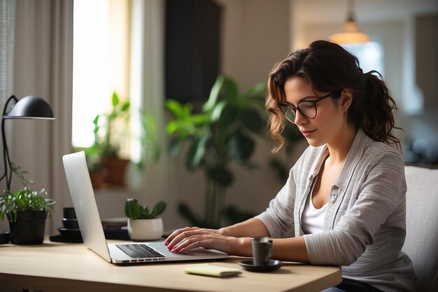 Foto mujer trabajando en línea en una computadora portátil en casa