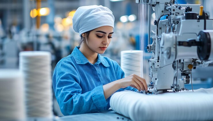 una mujer trabajando en una máquina de coser en una fábrica