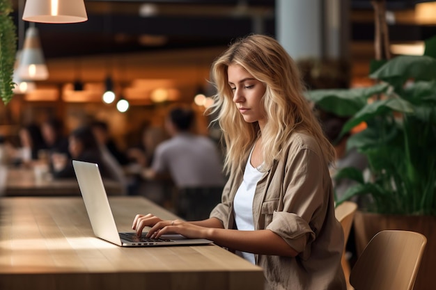 Mujer trabajando en la mesa en la cafetería con computadora portátil Ocupada y enfocada