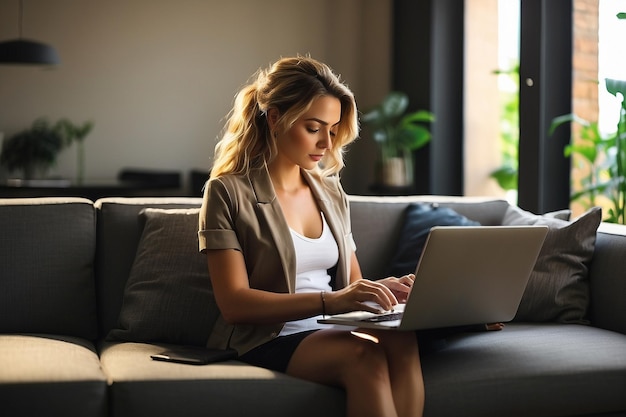 Mujer trabajando mientras está sentada en el sofá