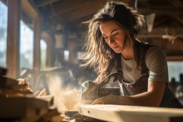 Mujer trabajando con motosierra en una tienda de artesanía en madera.