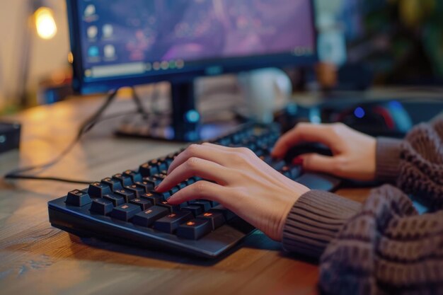 Mujer trabajando en la oficina de casa con la mano en el teclado de cerca