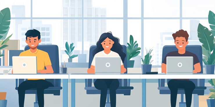 una mujer trabajando en una oficina con una computadora portátil y una planta en el fondo