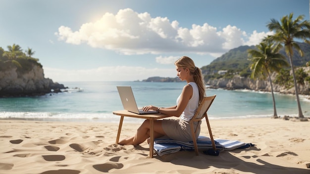 Mujer trabajando desde una playa Generado con tecnología de IA