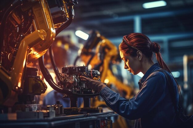 Foto una mujer trabajando en un robot en una fábrica