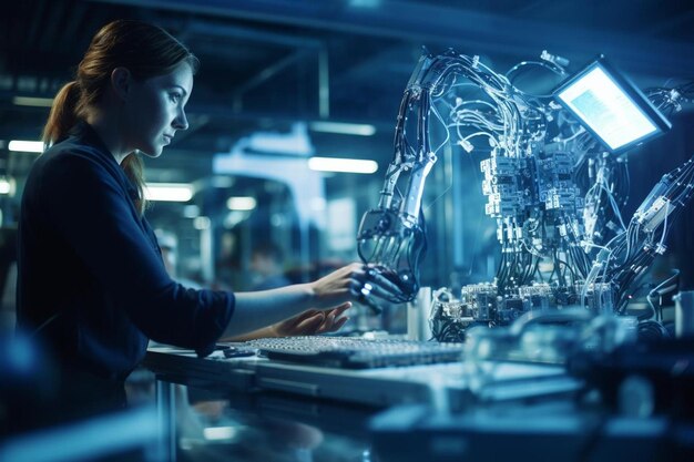 una mujer trabajando en un robot en un laboratorio con un robot en el fondo