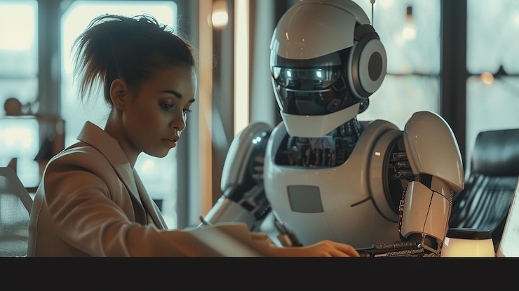 Foto una mujer trabajando en un robot con un robot en el fondo