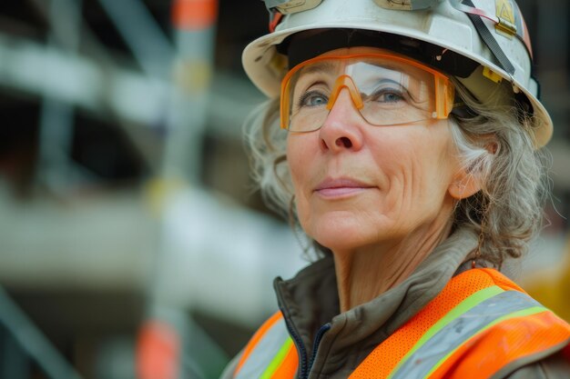 Mujer trabajando en un sitio de construcción construcción casco duro y chaleco de trabajo