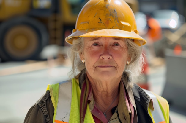 Mujer trabajando en un sitio de construcción construcción casco duro y chaleco de trabajo