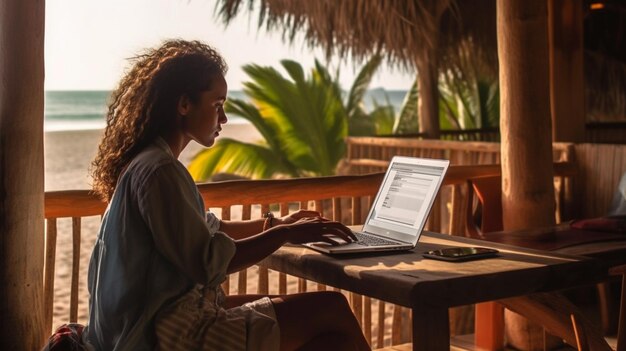 una mujer trabajando en su computadora portátil en un balcón con el texto "no"