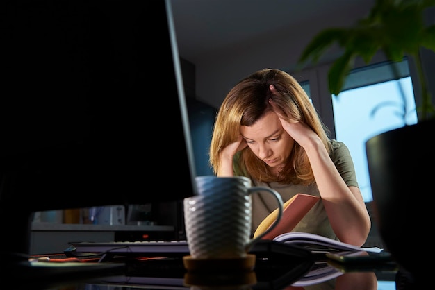 Mujer trabajando hasta tarde de forma remota en casa