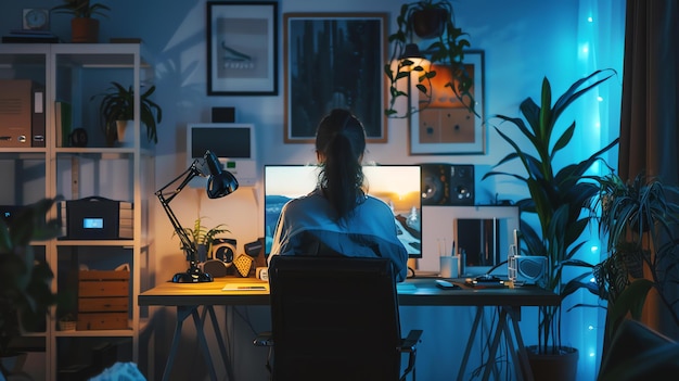 Mujer trabajando hasta tarde en la noche en su oficina en casa Ella está sentada en su escritorio mirando a la pantalla de su computadora