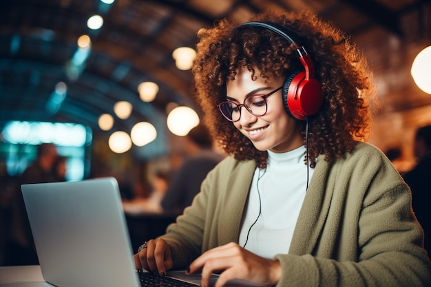 Mujer en el trabajo haciendo una llamada de video en la computadora portátil