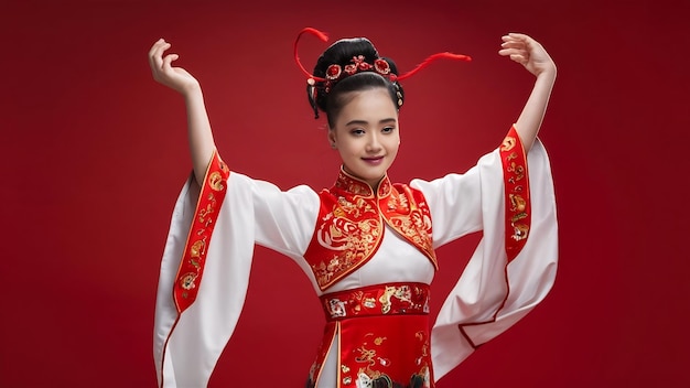 mujer tradicional china graciosa en el estudio sobre fondo rojo