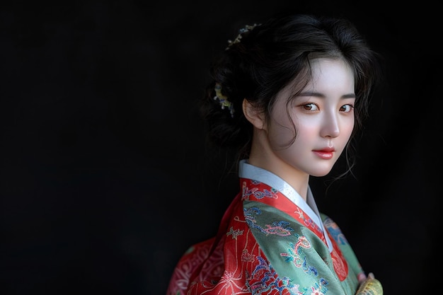 Una mujer en el tradicional hanbok coreano de colores rojo y verde con patrones azules en las mangas de pie