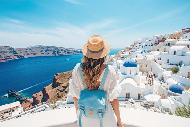 mujer en el tradicional pueblo griego Oia de Santorini con cúpulas azules contra el mar y la caldera Grecia ilustración