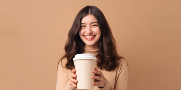 mujer trae una taza de fondo de banner de café