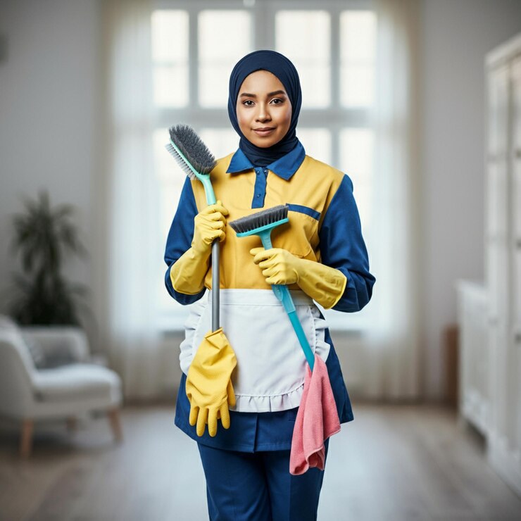 una mujer en un traje amarillo y azul se encuentra en una habitación con una escoba y una escoba