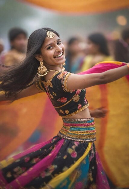 Foto una mujer con un traje amarillo y rosa está bailando con los brazos extendidos