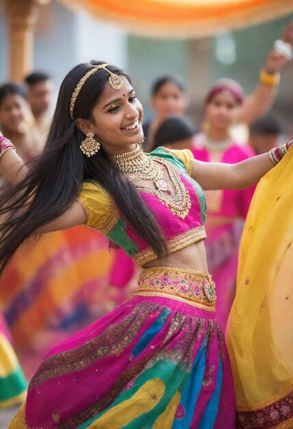 Foto una mujer con un traje amarillo y rosa está bailando con los brazos extendidos