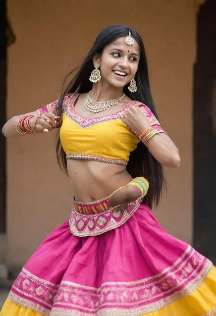 Foto una mujer con un traje amarillo y rosa está bailando con los brazos extendidos