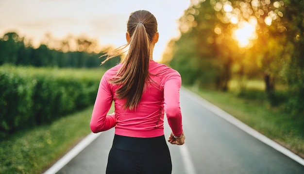 mujer en traje atlético corriendo alegremente al atardecer encarnando la salud y la vitalidad