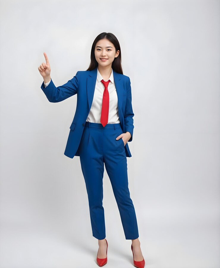 una mujer en un traje azul con una corbata roja y una camisa blanca que dice im a