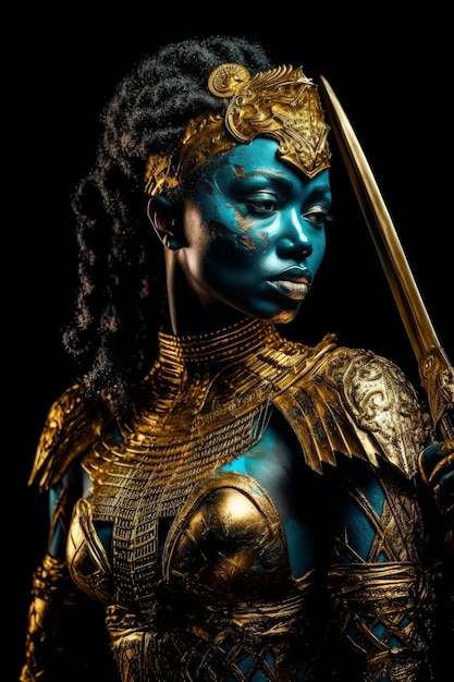 Una mujer con un traje azul con una espada dorada y la palabra maravilla en ella.