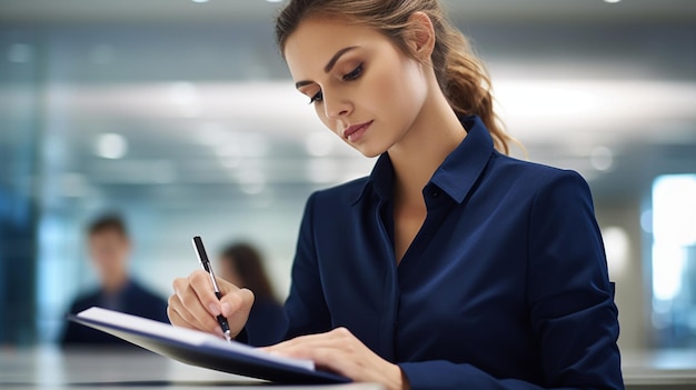 Una mujer con traje azul está escribiendo en un cuaderno con un bolígrafo.