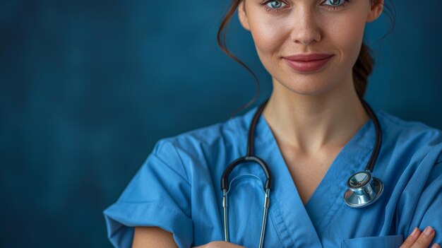 Foto mujer en traje azul con estetoscopio de ia generativa