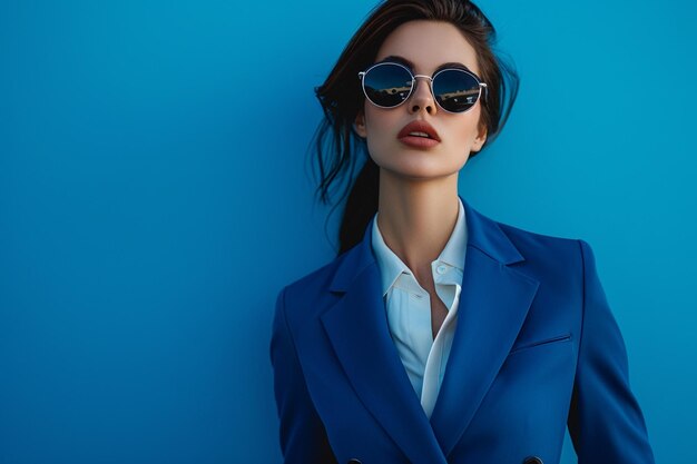 Foto mujer con traje azul y gafas de sol