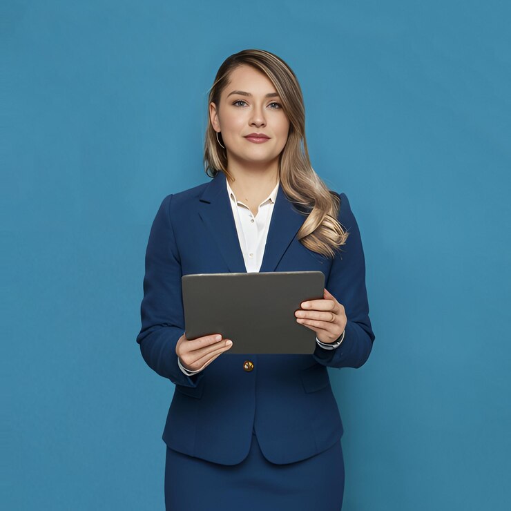Una mujer con un traje azul sostiene una tableta con un fondo azul detrás de ella