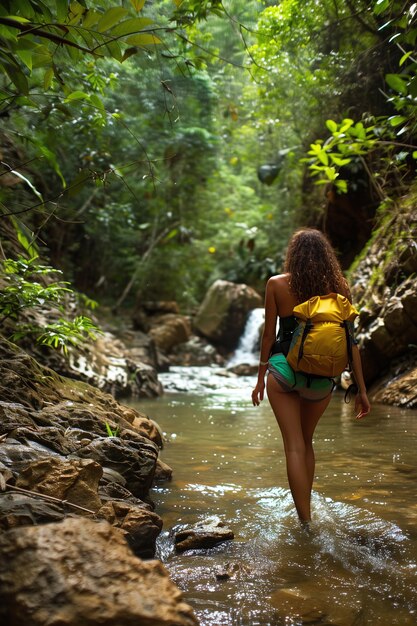 Una mujer con un traje de baño y una mochila vadea a través de un arroyo claro de la selva rodeado de follaje exuberante