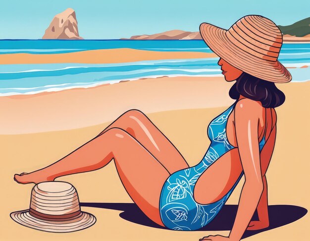 Mujer en traje de baño y sombrero en la playa Ilustración vectorial generativa